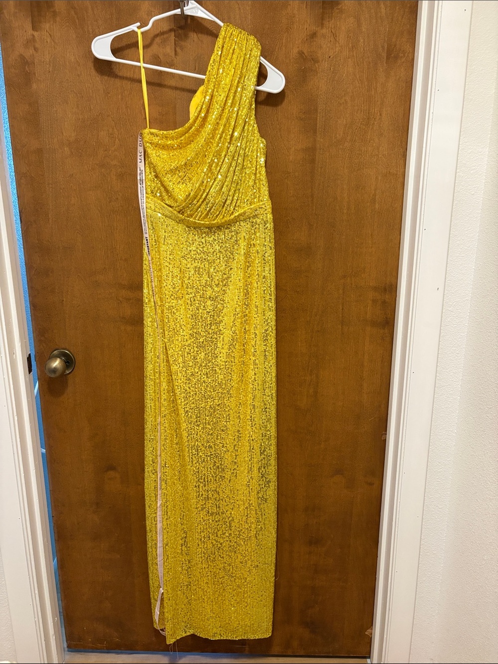 637. Ieena for Mac Duggal Elegant One-Shoulder Yellow Sequin Gown